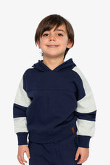 Hooded Striped Fleece Cardigan Dark Blue And Beige-1