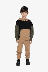 Hooded Colorblock Fleece Cardigan Black, Green And Beige-4