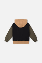 Deux par Deux Hooded Colorblock Fleece Cardigan Black, Green And Beige