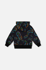 Deux par Deux Fleece Hooded Sweatshirt Black Printed Controller