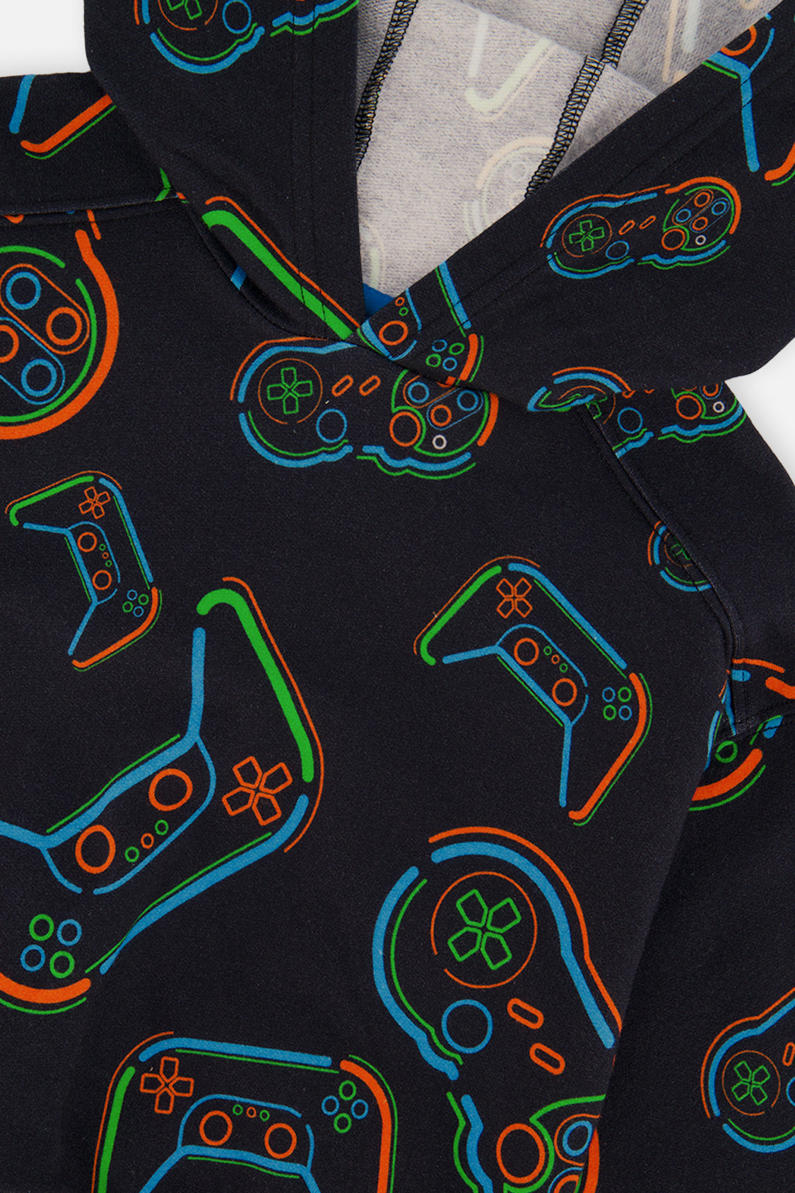 Deux par Deux Fleece Hooded Sweatshirt Black Printed Controller