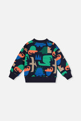 Blue dinosaur print fleece pullover laid flat, back view