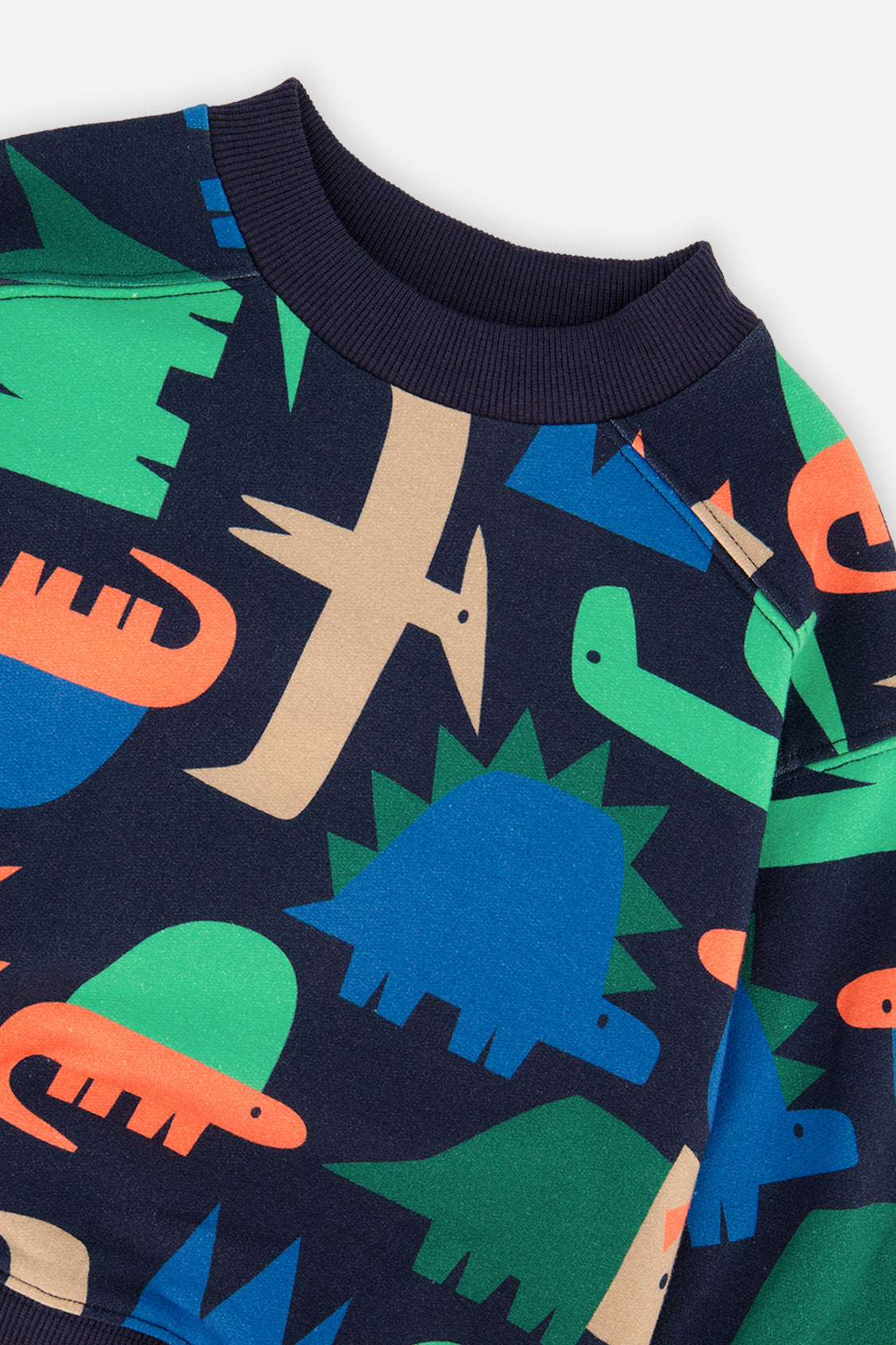 Close-up of the crew neckline and dinosaur print on the blue fleece sweatshirt
