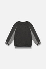 Deux par Deux charcoal gray ribbed pullover with light gray panels and striped trim, flat lay back view