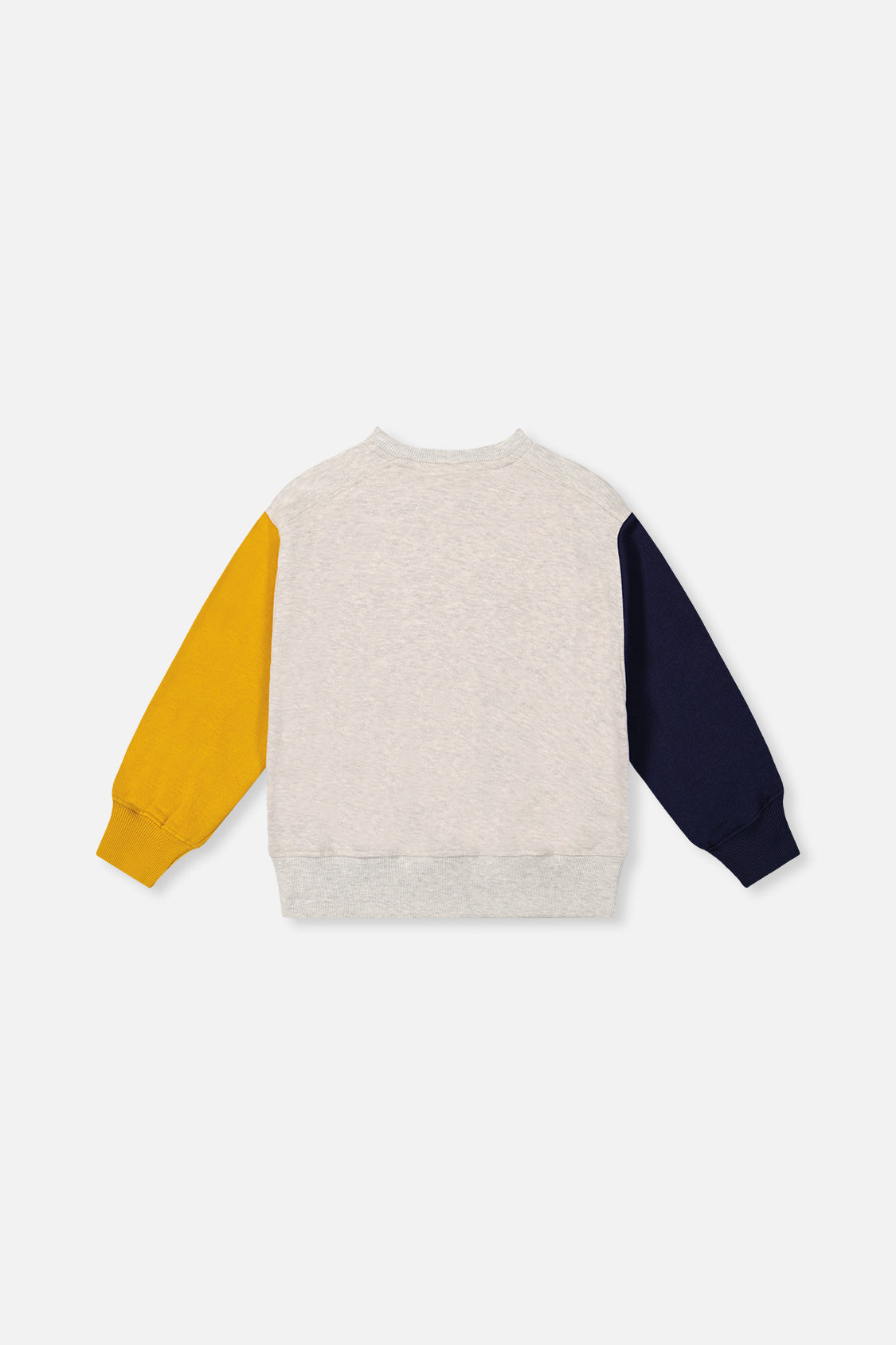 Deux par Deux heather grey colorblock sweatshirt, flat lay back view with navy and mustard sleeves