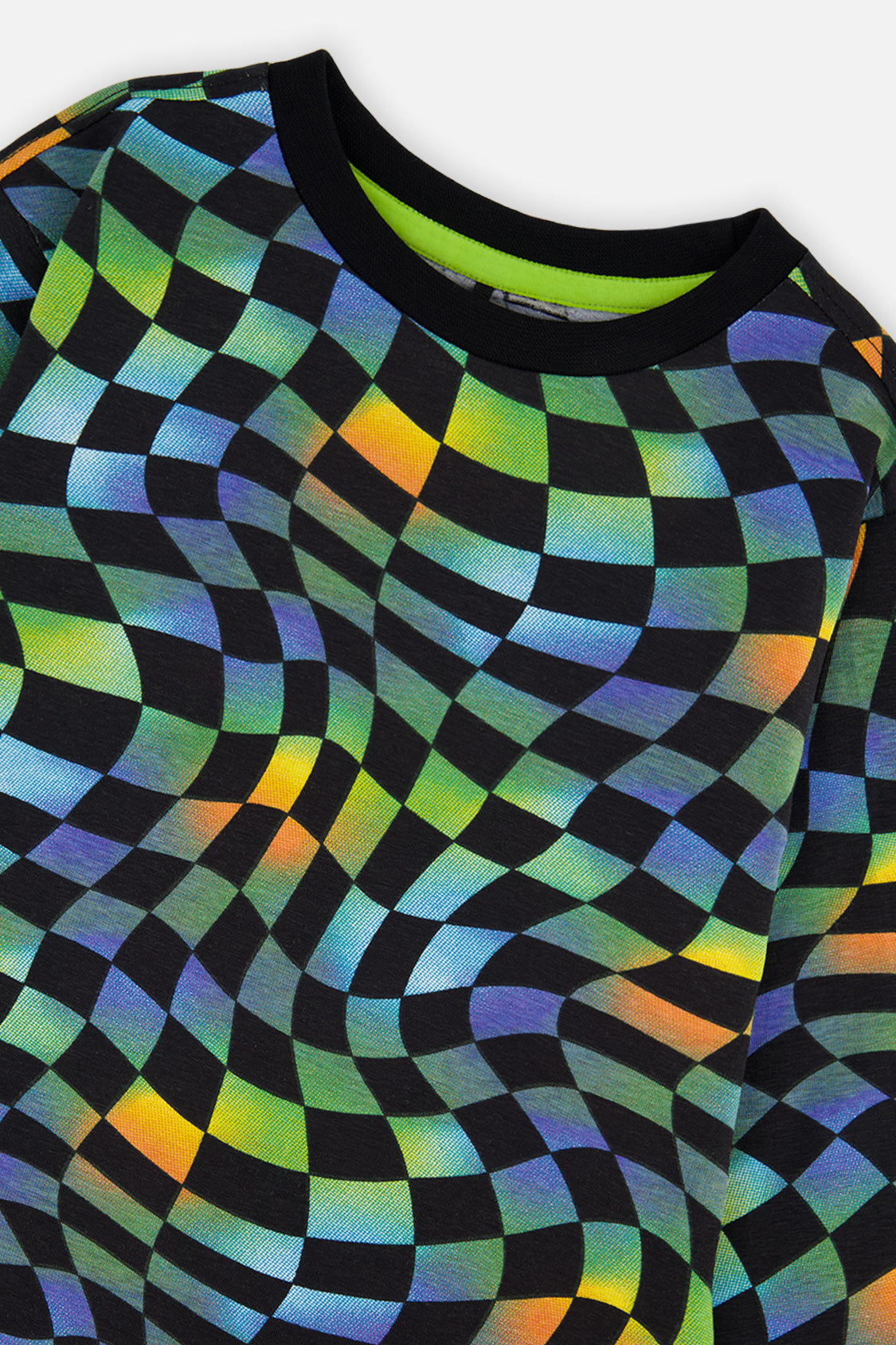 Close-up of the wavy multicolor checks and crew neckline on the long sleeve t-shirt