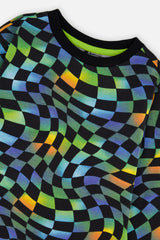 Close-up of the wavy multicolor checks and crew neckline on the long sleeve t-shirt