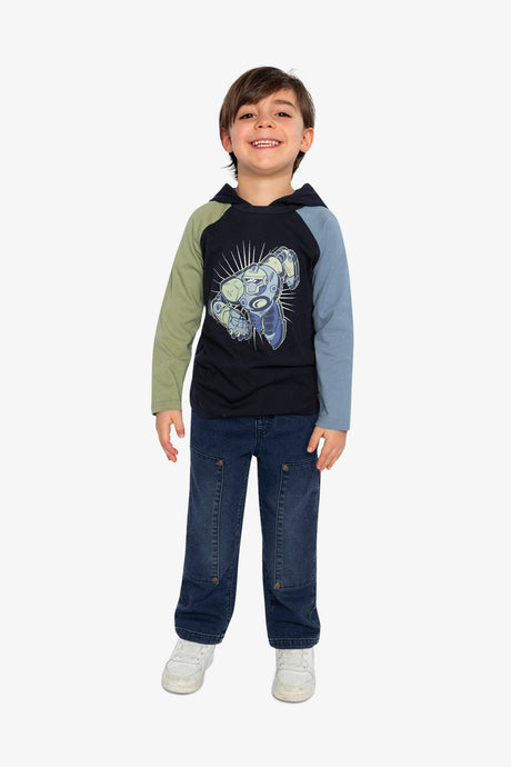 Raglan Hooded T-Shirt Dark Blue And Green-4