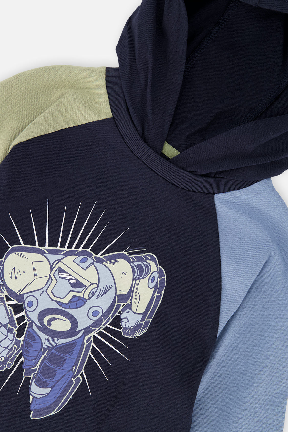 Deux par Deux Raglan Hooded T-Shirt Dark Blue And Green