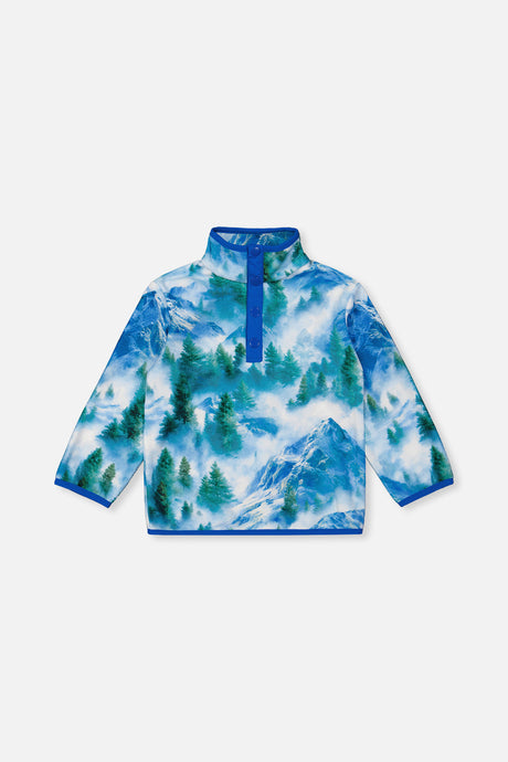 Blue mountain print plush fleece pullover with snap placket and stand collar from Deux par Deux, front view