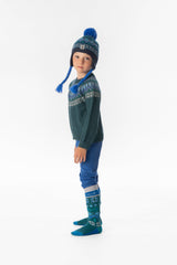 Child wearing Deux par Deux dark green Nordic jacquard sweater, lookbook view 2