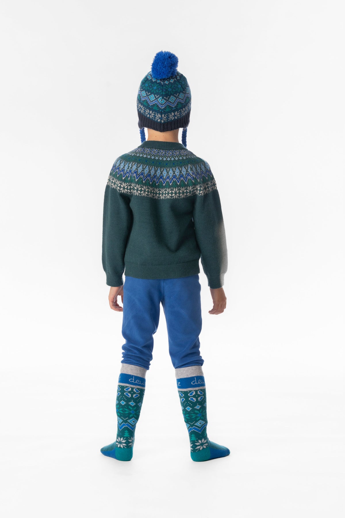 Child wearing Deux par Deux dark green Nordic jacquard sweater, lookbook view 3