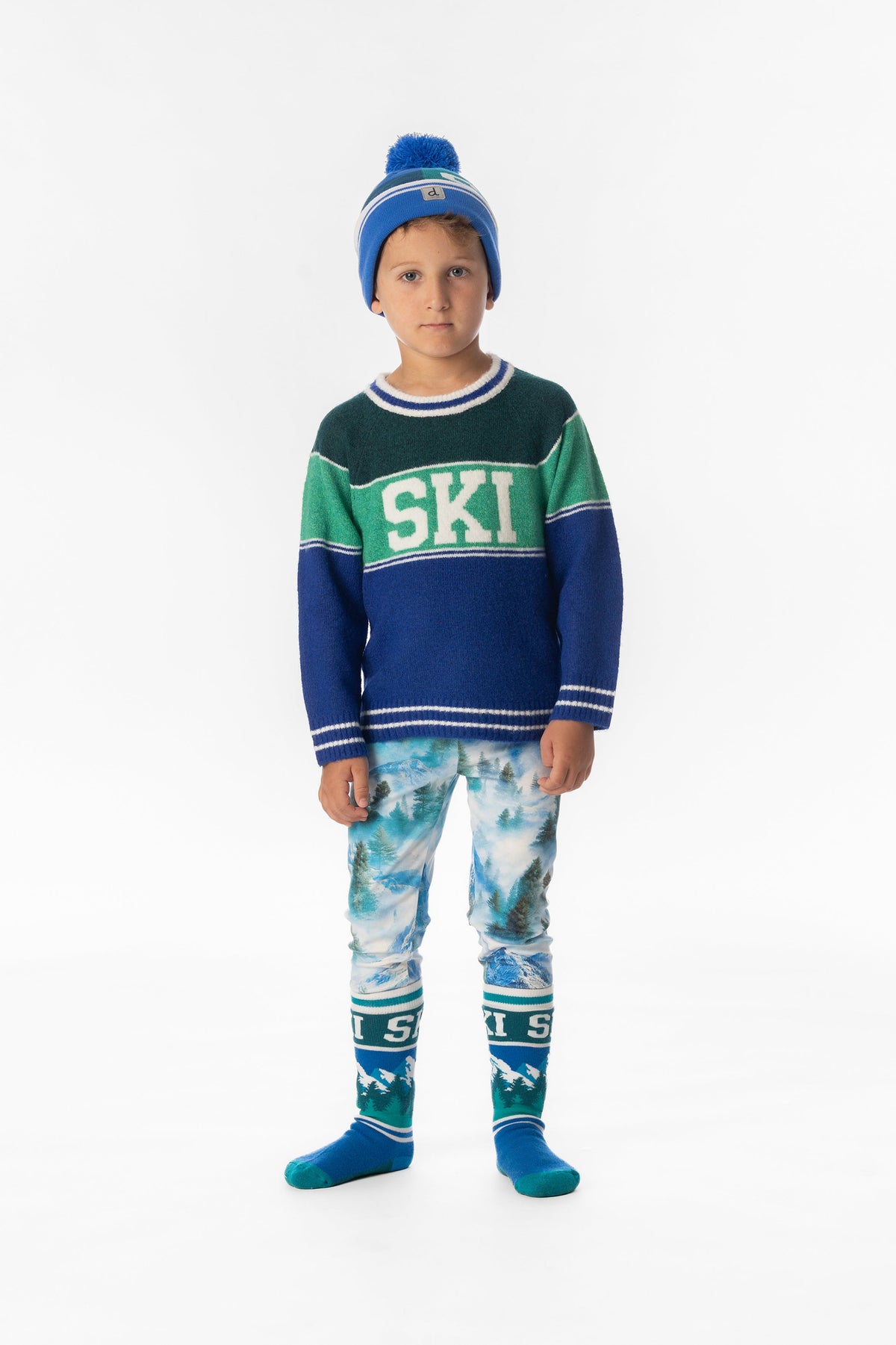 Child wearing Deux par Deux dark blue and dark green SKI sweater