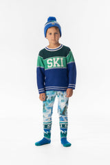 Child wearing Deux par Deux dark blue and dark green SKI sweater
