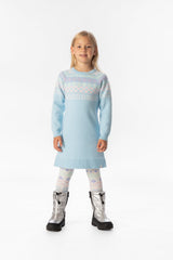 Child wearing the Deux par Deux light blue Fair Isle knit dress