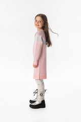 Child wearing the Deux par Deux light pink knit dress in a lookbook shot