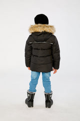 Child wearing the Deux par Deux black winter jacket with faux-fur hood, view 3