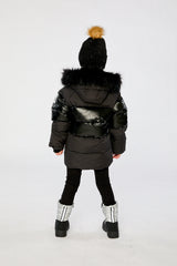 Child wearing the Deux par Deux black winter jacket with chest pattern, view 3