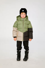 Child wearing the Deux par Deux olive green color-block winter jacket, view 1