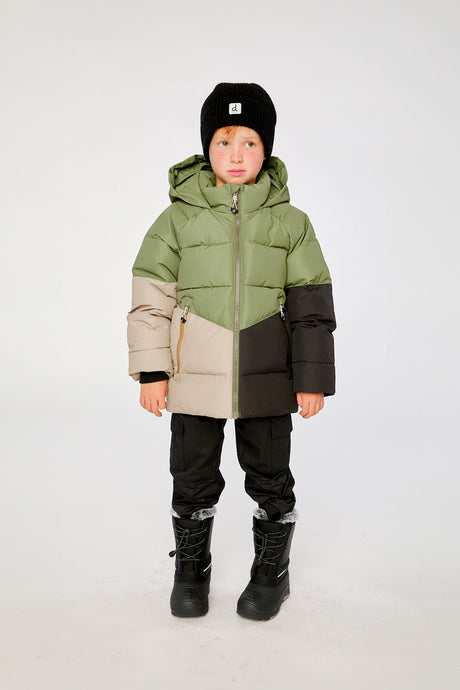 Child wearing the Deux par Deux olive green color-block winter jacket, view 1