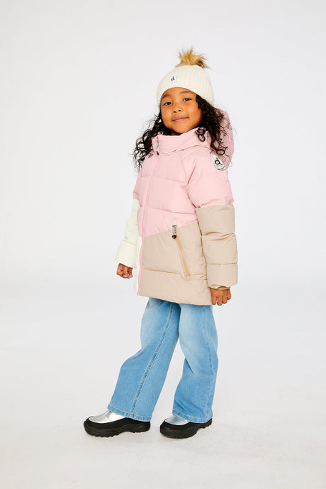 Child wearing the Deux par Deux pale dusty pink color-block winter jacket, side view