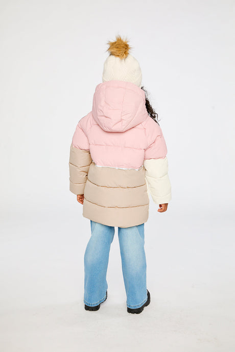 Child wearing the Deux par Deux pale dusty pink color-block winter jacket, back view