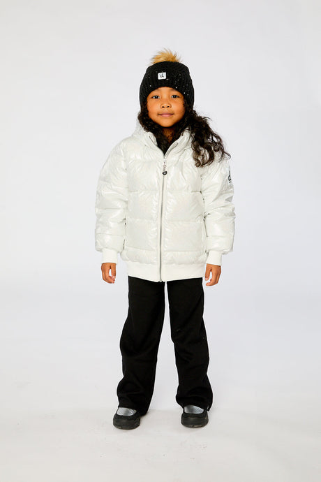 Child wearing the white glitter puffy winter jacket, front view