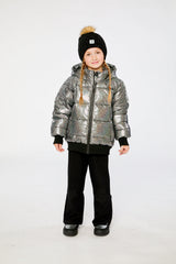 Child wearing the Deux par Deux dark metallic glitter puffy winter jacket with a pom-pom hat, front view