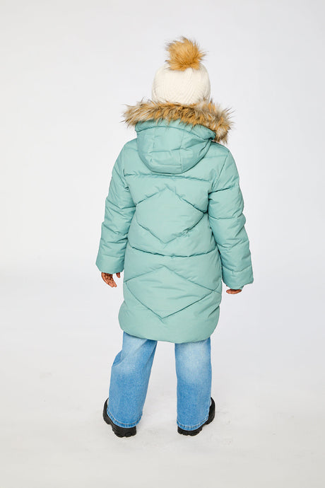 Back view of a child in the sage green puffer coat showing the hood and chevron quilting