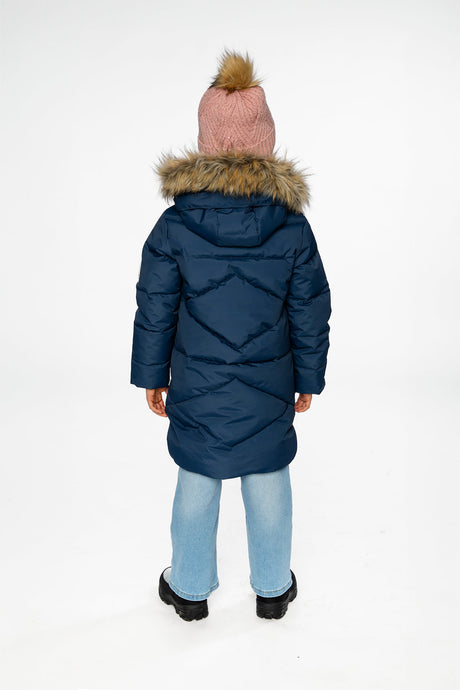 Back view of a child in the dark blue puffer coat showing the hood and chevron quilting