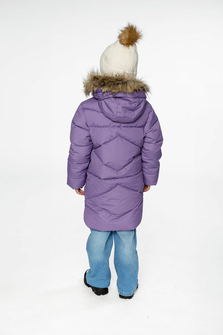 Back view of a child in the violet puffer coat showing the hood and faux-fur trim