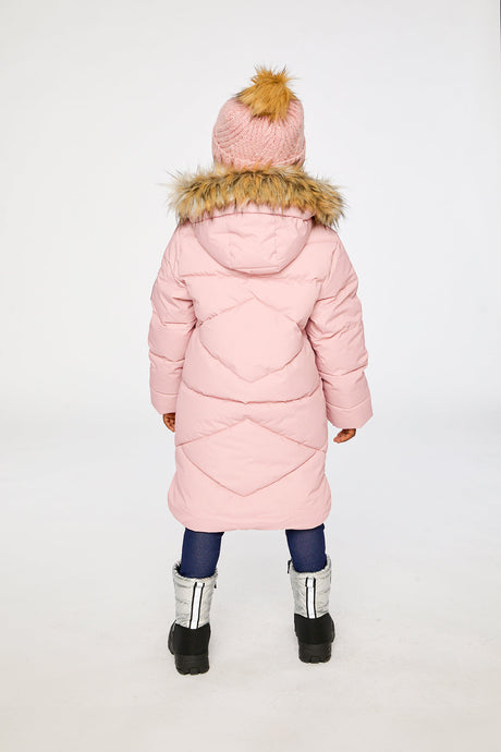 Back view of a girl in the long pink puffer coat with the faux-fur trimmed hood down