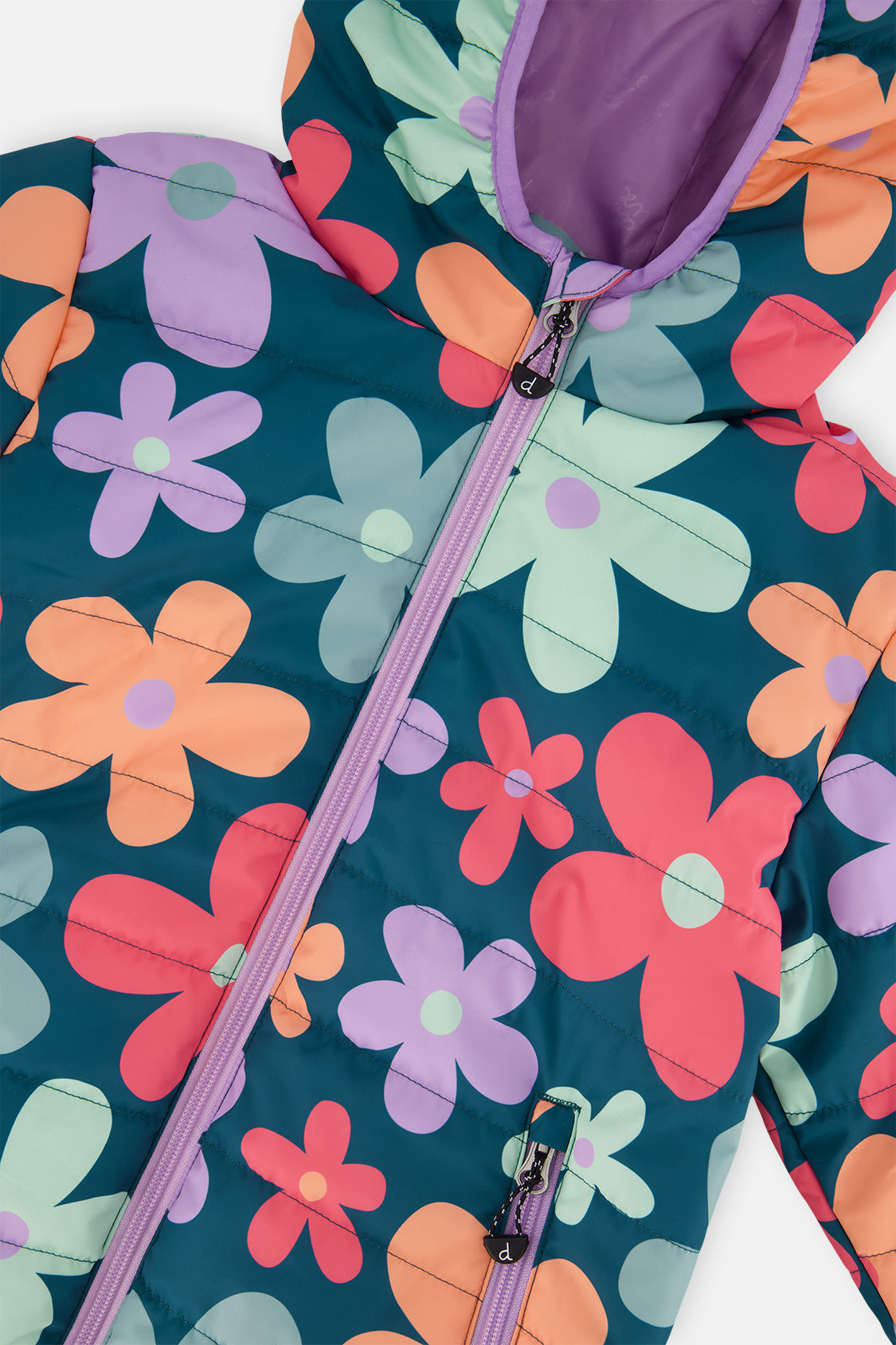 Close-up of the lilac zipper and hood lining on the teal, coral and lilac flower print
