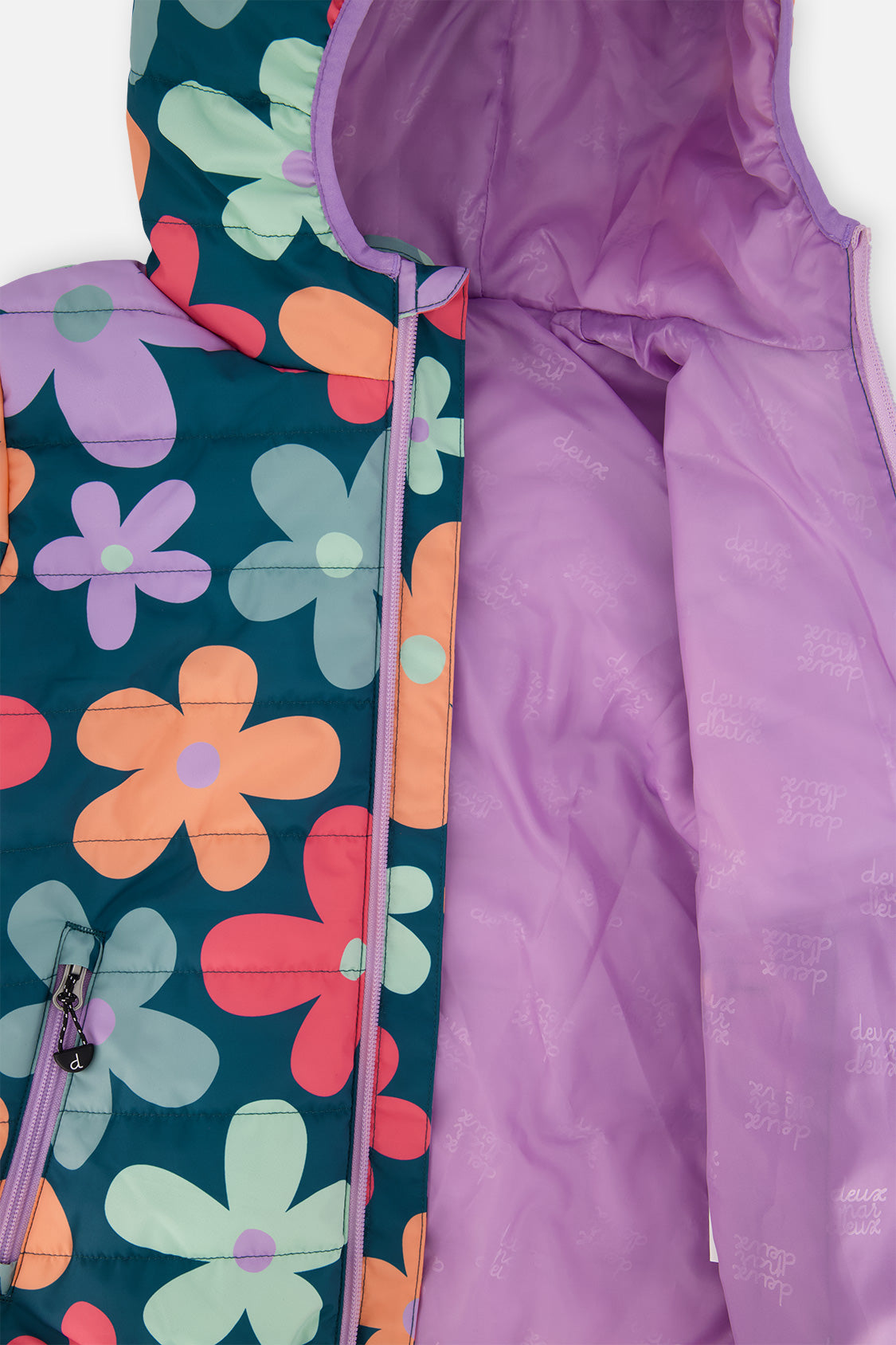 Jacket unzipped to show the lilac quilted lining inside the floral hood and front