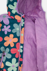 Jacket unzipped to show the lilac quilted lining inside the floral hood and front