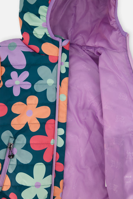 Jacket unzipped to show the lilac quilted lining inside the floral hood and front