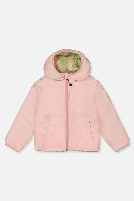 Pale dusty pink coated side of the reversible jacket, front view laid flat