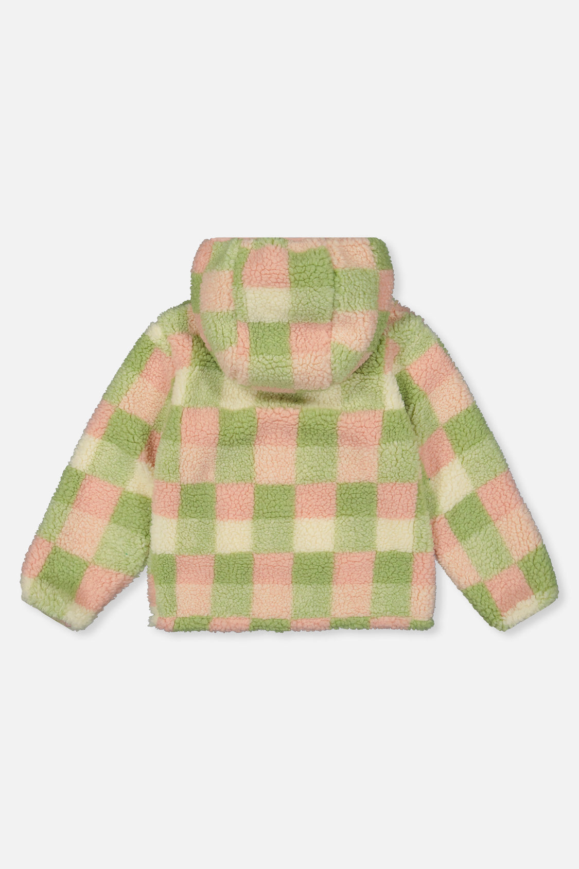 Check sherpa side of the reversible jacket, back view with the hood
