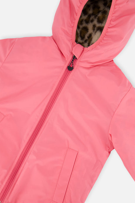 Close-up of the pink side hood with the leopard sherpa showing inside
