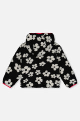 Black sherpa side with white flowers, back view with the hood laid flat
