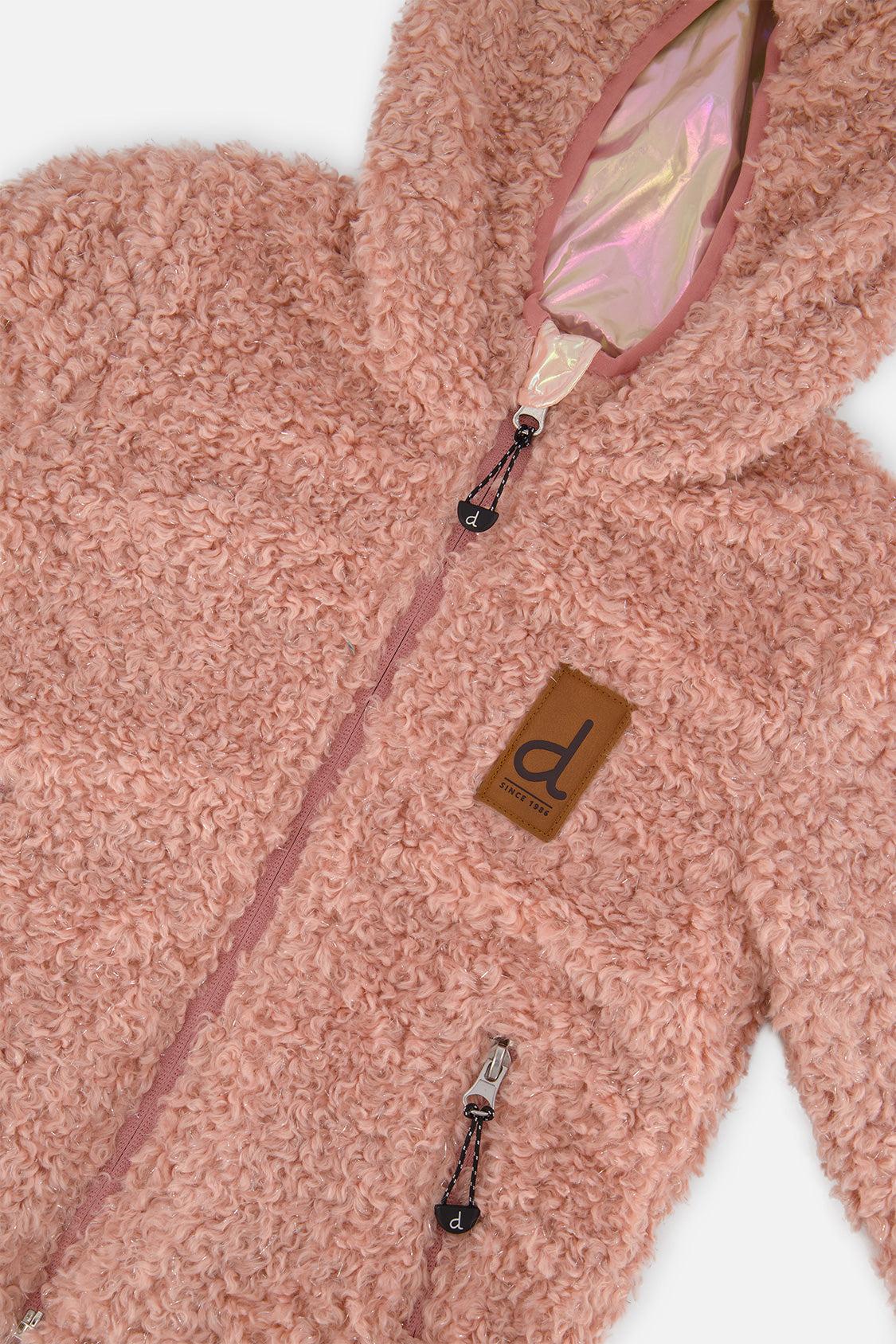 Close-up of the dusty pink sherpa, zipper and brand label
