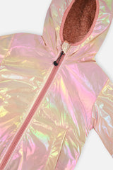 Close-up of the iridescent pink pongee side, zipper and hood