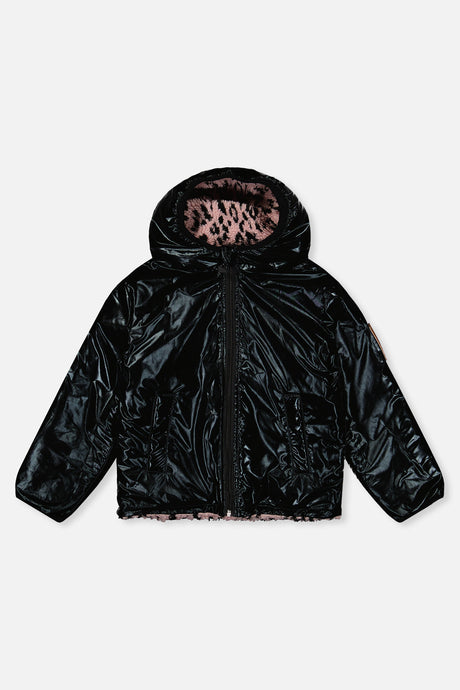 Glossy black side of the reversible jacket laid flat, front view