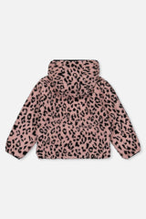 Back view of the pink sherpa side with black leopard-style spots, reversible jacket laid flat