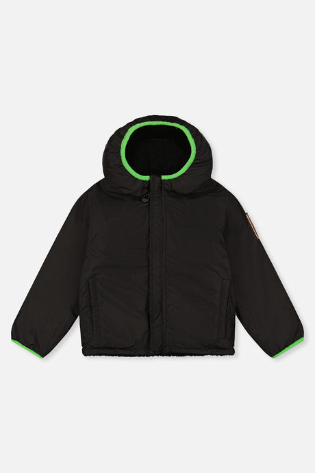 Black coated side of the reversible jacket, front view laid flat