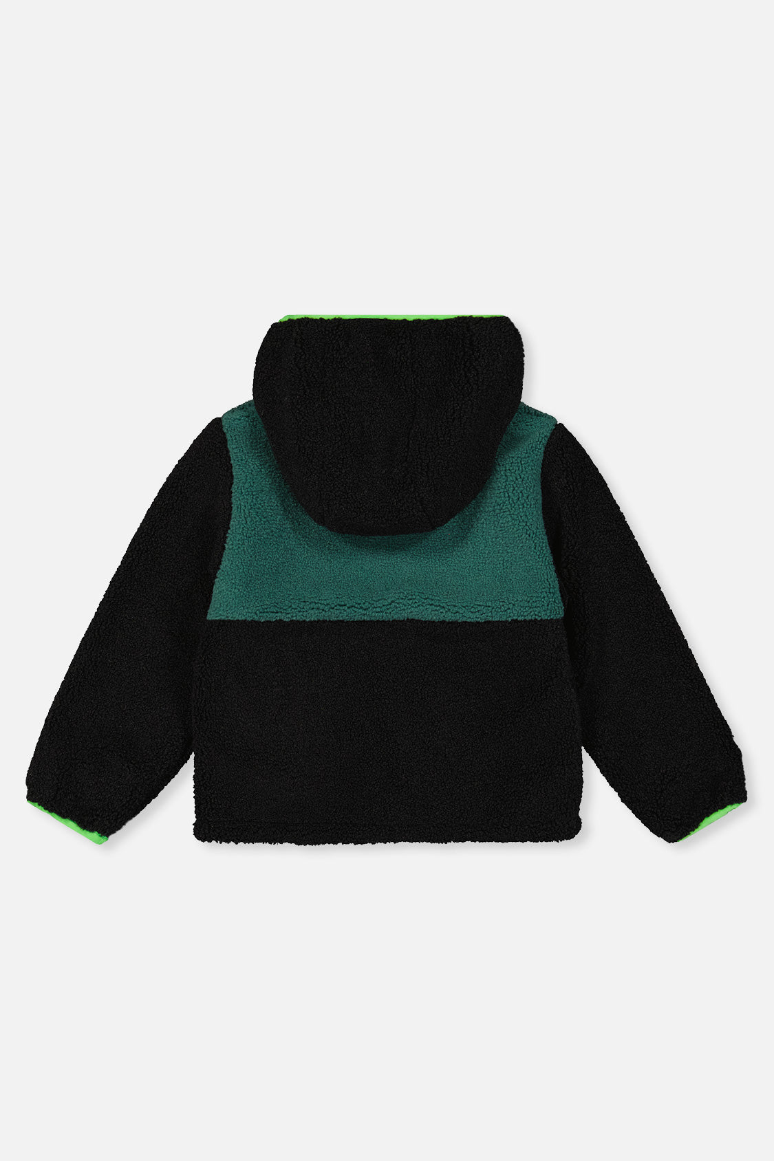 Black and dark green sherpa side of the reversible jacket, back view with the hood