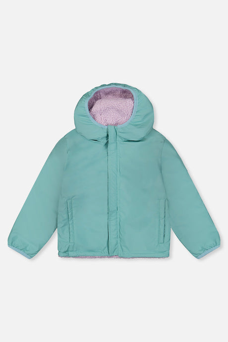 Deux par Deux girls reversible jacket, teal coated side laid flat, front view