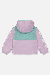 Deux par Deux girls reversible jacket, mauve and teal sherpa side laid flat, back view