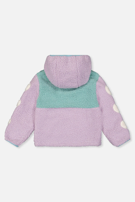 Deux par Deux girls reversible jacket, mauve and teal sherpa side laid flat, back view