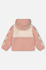Pink and cream sherpa side of the reversible jacket, back view with the hood
